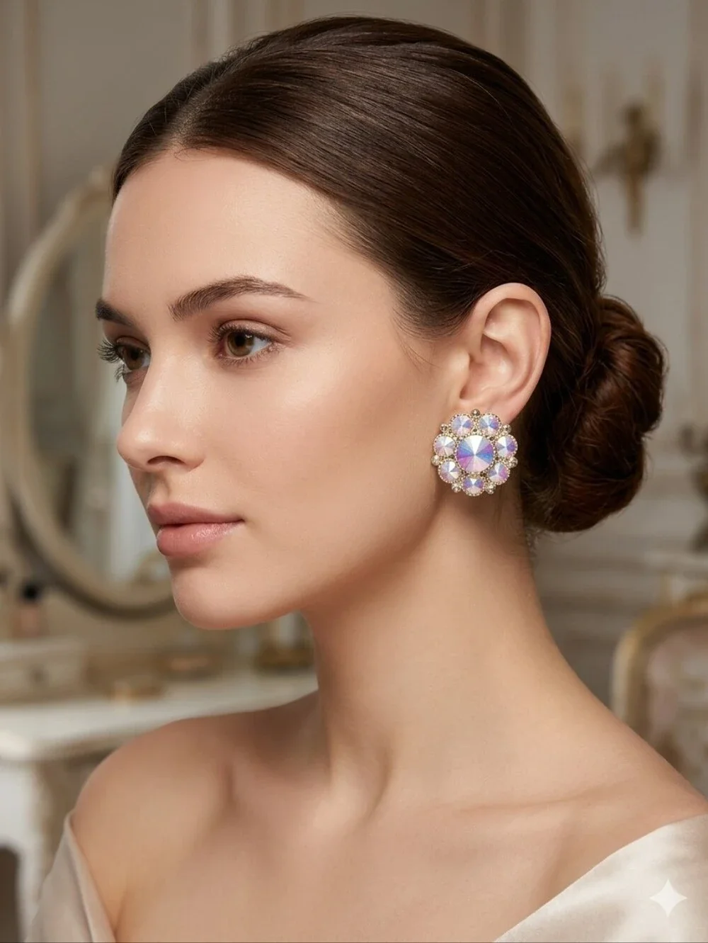 Aurora‎ Crystal Cluster Statement Clip On Earrings - Iridescent Gold
